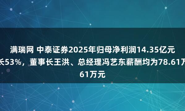满瑞网 中泰证券2025年归母净利润14.35亿元增长53%，董事长王洪、总经理冯艺东薪酬均为78.61万元